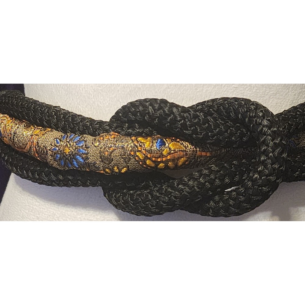 Vintage Black Braided Rope Belt Metallic Gold Floral Brocade Knot Tie Size S
